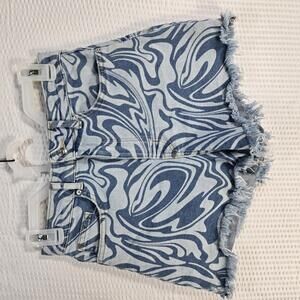 H&M Divided Swirl Marble Print Denim Shorts High Waisted Blue White Raw Hem Sz 4